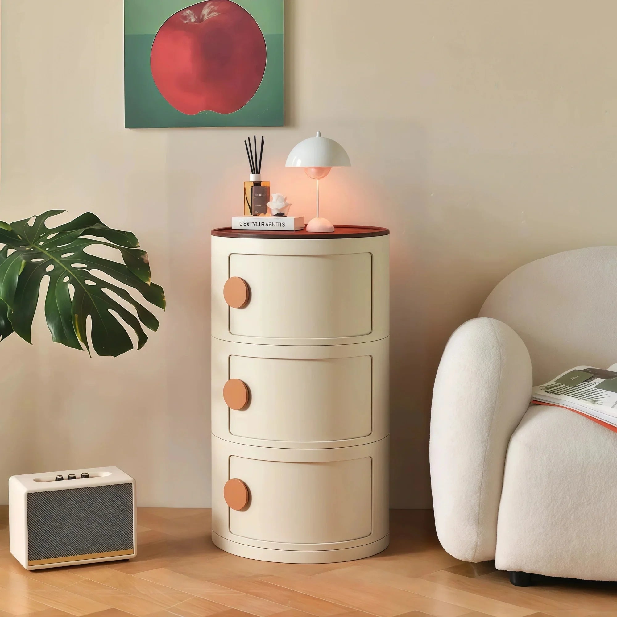 Nordivo Round Nightstand with Drawers | Scandinavian Style Bedside Table | Lightweight Space-Saving Side Table | Modern Compact Storage Cabinet