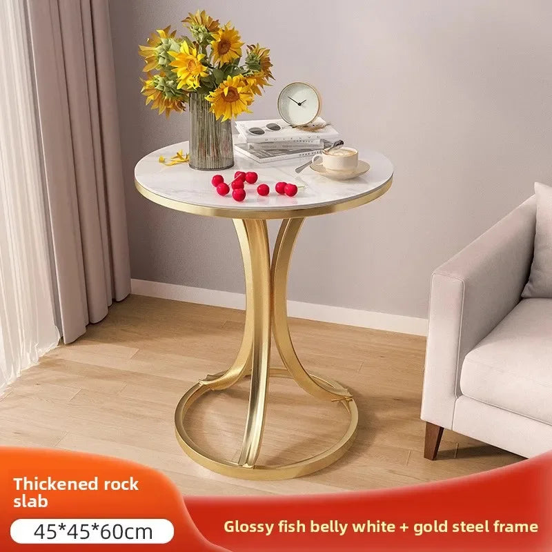 Side Table Cavero Round Rock Slab Marble Top | Modern Sofa & Bed Side Table | Metal Frame with Wheels, Mobile Design