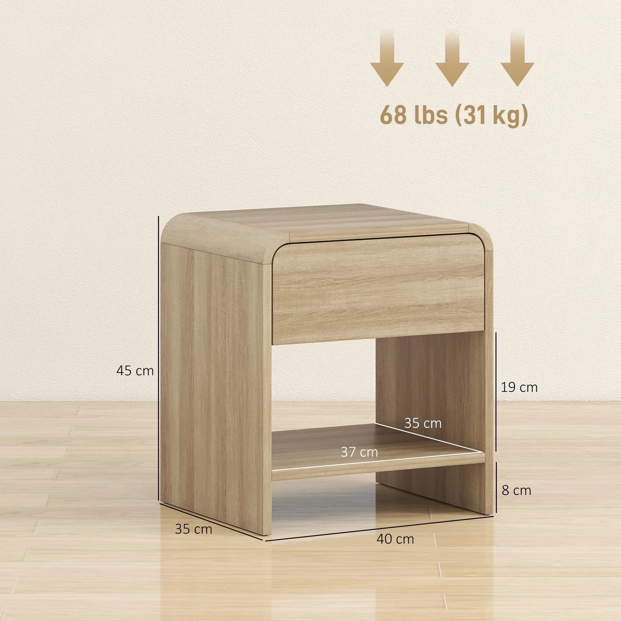 Linvara Scandinavian Nightstand Set of 2 with Drawer and Open Shelf | Minimalist Bedside Tables with Rounded Corners | Compact Bedroom Storage