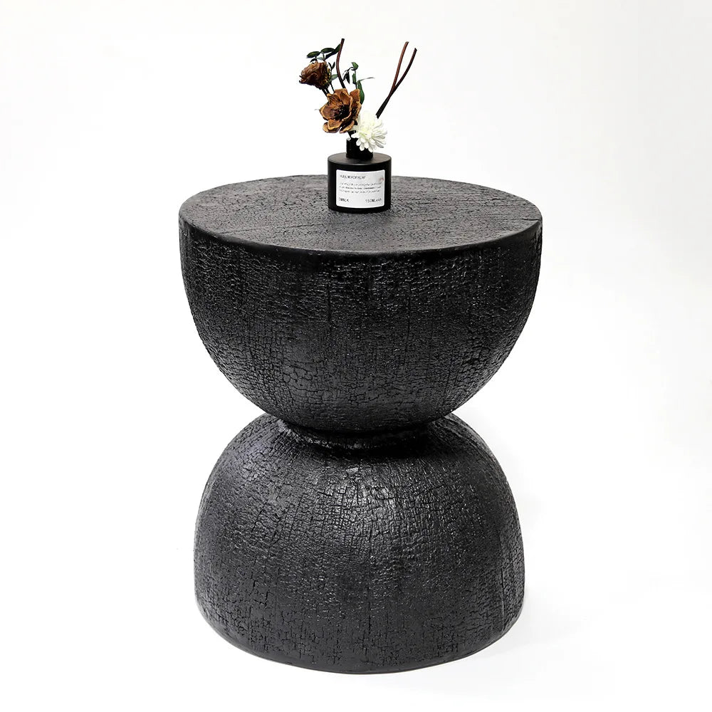Rovinio Black Round Coffee Table | Tree Trunk Look Hourglass Side Table | Modern Rustic Accent Table