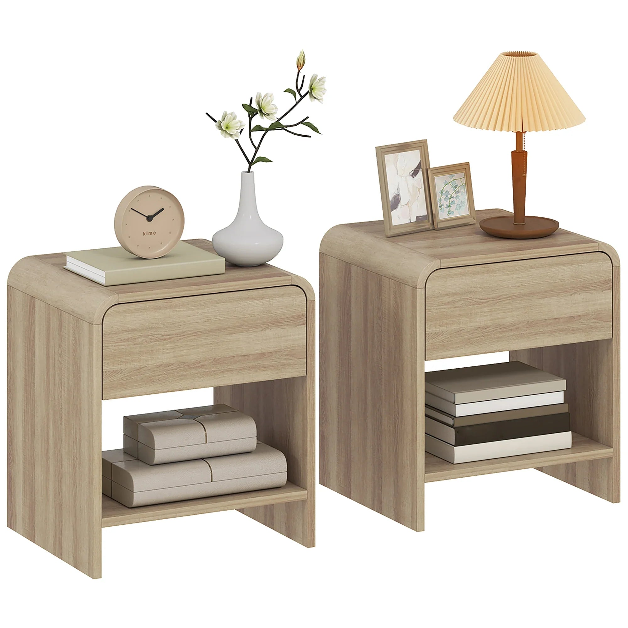 Linvara Scandinavian Nightstand Set of 2 with Drawer and Open Shelf | Minimalist Bedside Tables with Rounded Corners | Compact Bedroom Storage