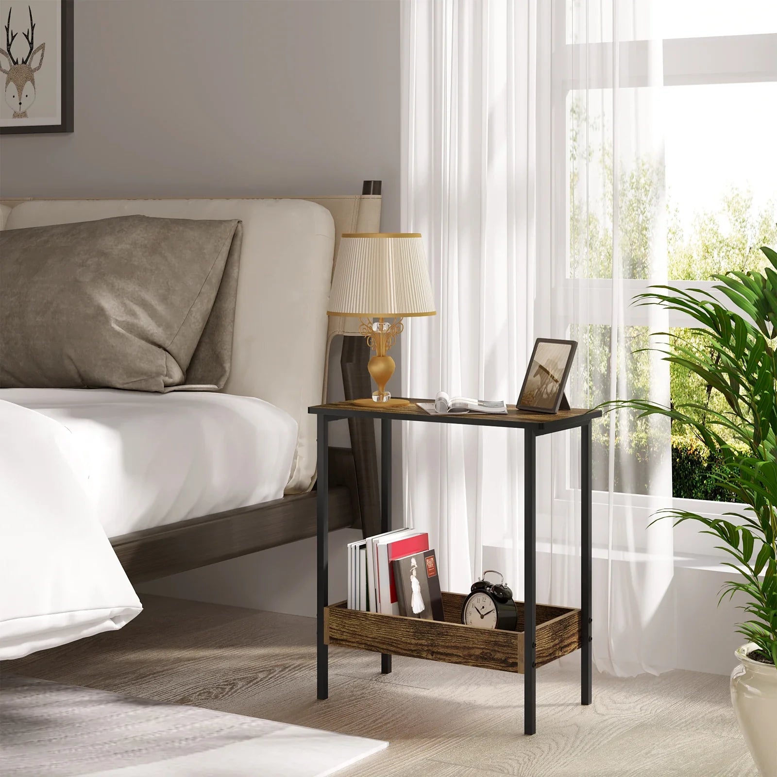 Velistra 2-Shelf Side Table | Wooden & Metal Coffee Table with Storage | Compact Modern Nightstand & Sofa Table | Space-Saving Design | 50 × 55 × 25 cm