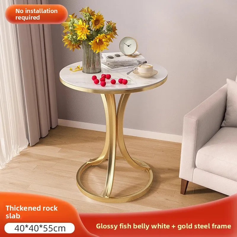 Side Table Cavero Round Rock Slab Marble Top | Modern Sofa & Bed Side Table | Metal Frame with Wheels, Mobile Design