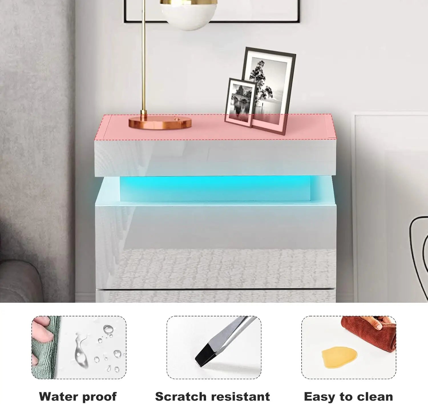 Lumora White Nightstand with 3 Drawers & RGB LED Lighting | High-Gloss Modern Bedside Table | Smart USB-Controlled Storage Cabinet