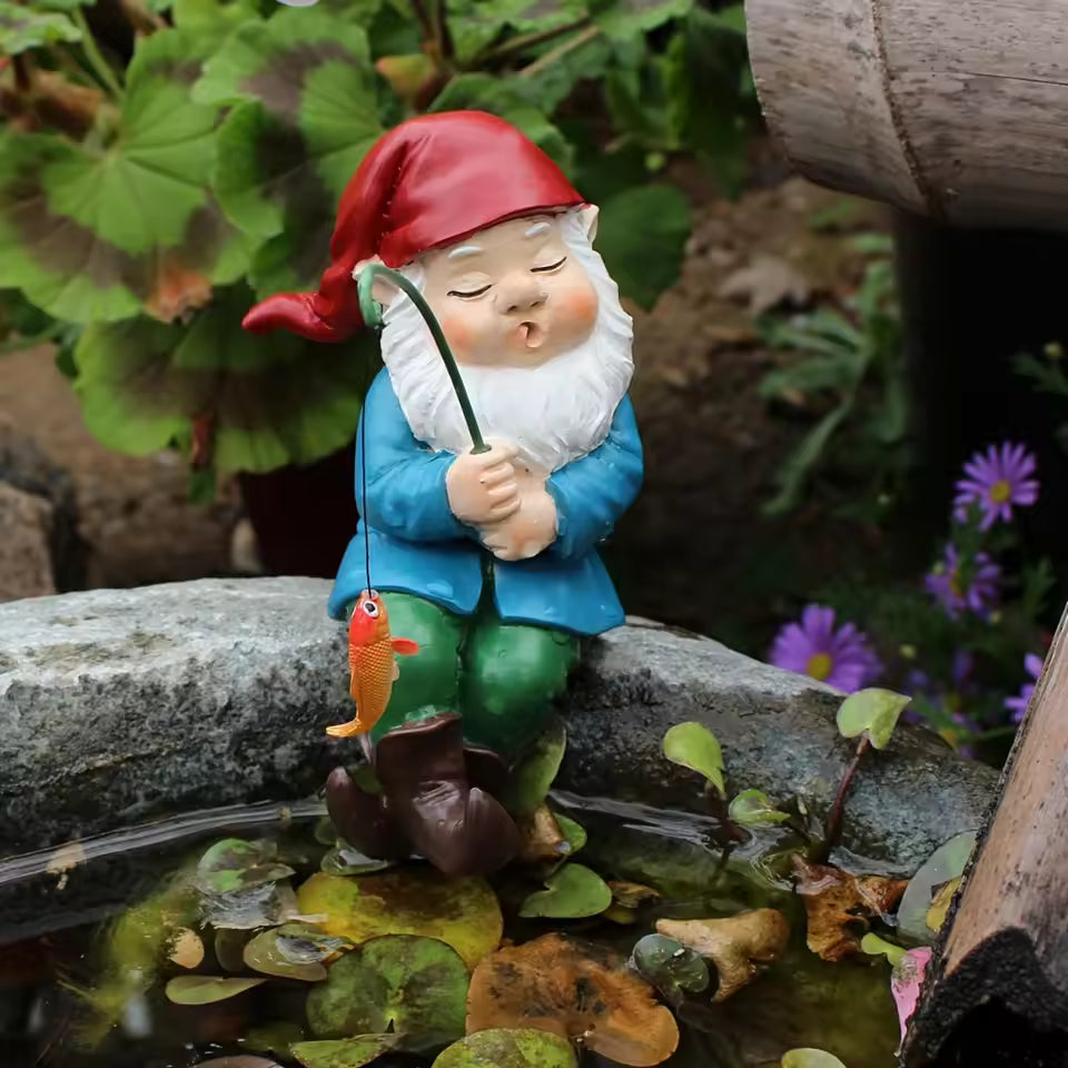 Fishing Garden Gnome Figurine with Rod for Garden & Home Decor | Weatherproof Resin Ornament | Indoor Outdoor Decorative Figure