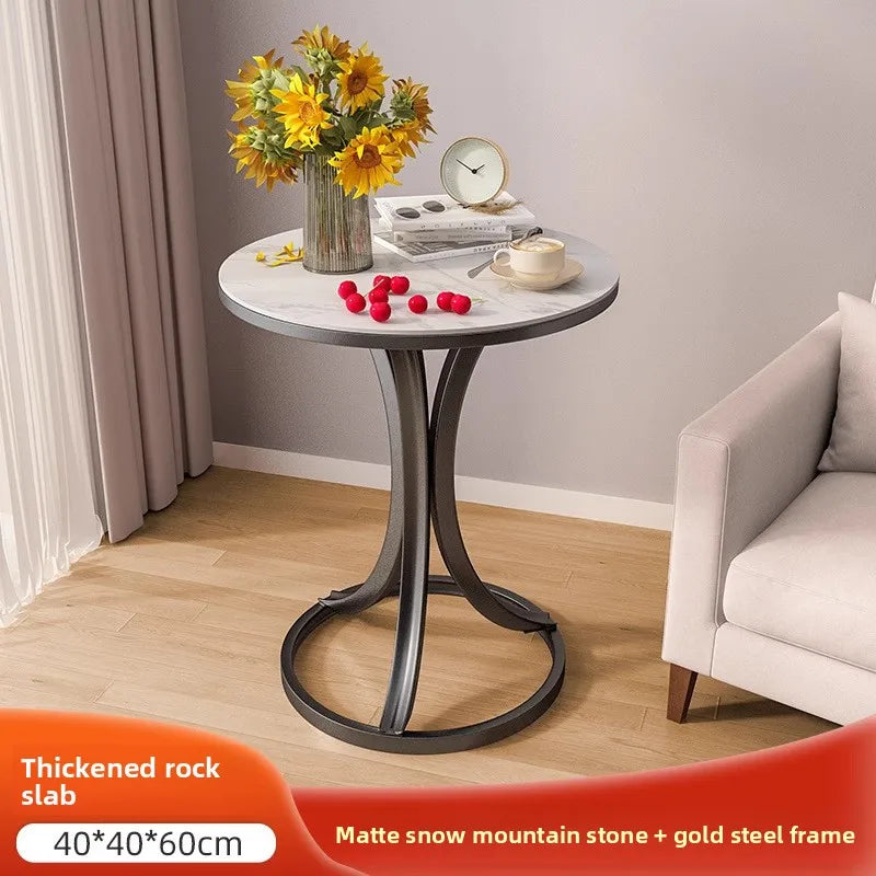 Side Table Cavero Round Rock Slab Marble Top | Modern Sofa & Bed Side Table | Metal Frame with Wheels, Mobile Design