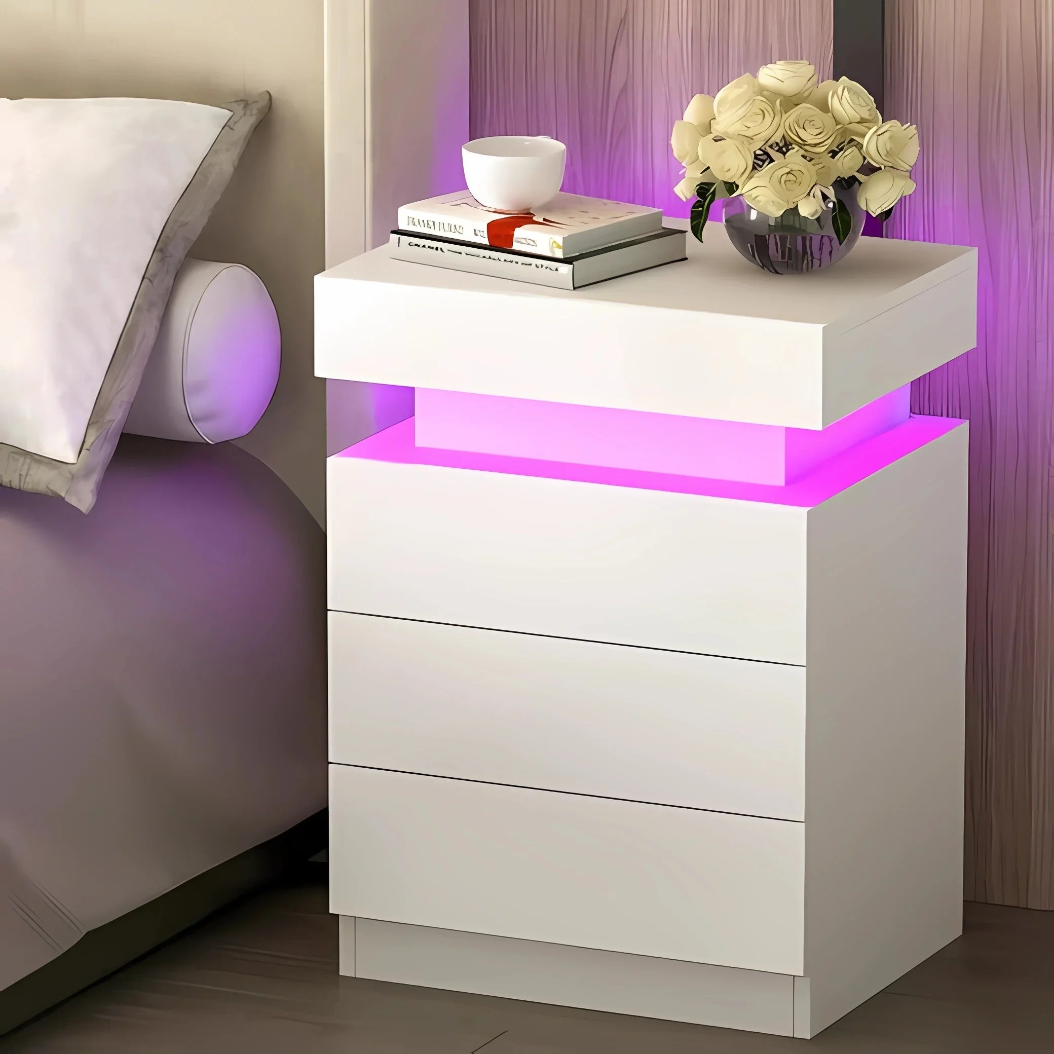 Lumora White Nightstand with 3 Drawers & RGB LED Lighting | High-Gloss Modern Bedside Table | Smart USB-Controlled Storage Cabinet
