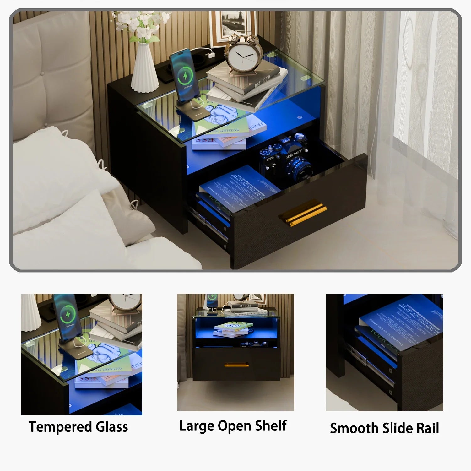 Norvane Wooden Nightstand with LED & Charging Station | Modern Bedside Table with Glass Top | USB & AC Power Outlet Storage Table