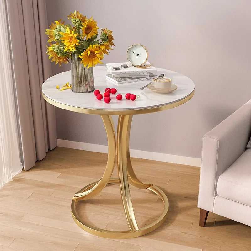 Side Table Cavero Round Rock Slab Marble Top | Modern Sofa & Bed Side Table | Metal Frame with Wheels, Mobile Design