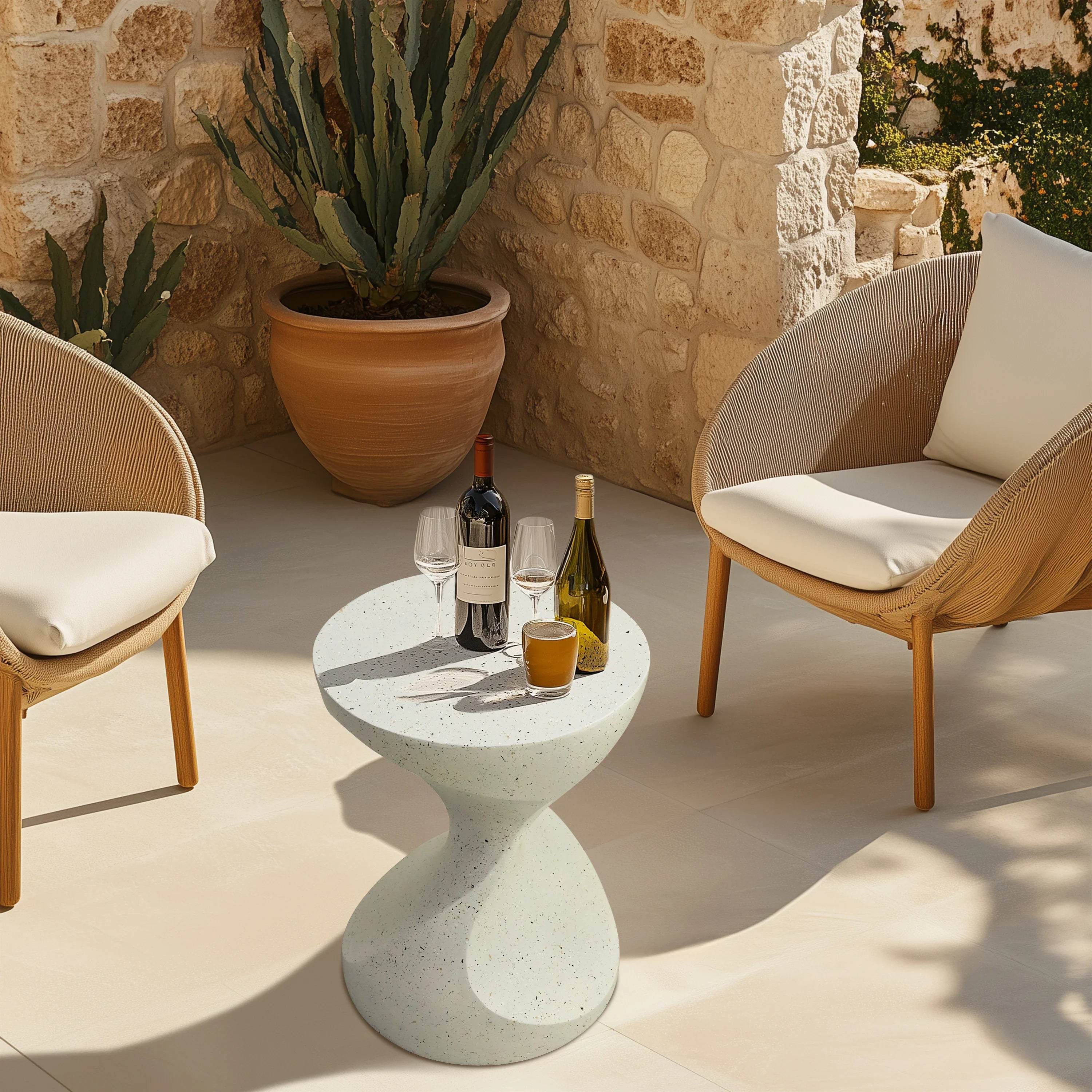 Zanvero White Hourglass Side Table | Lightweight Concrete Accent Table | Modern Sculptural Sofa & Nightstand Table