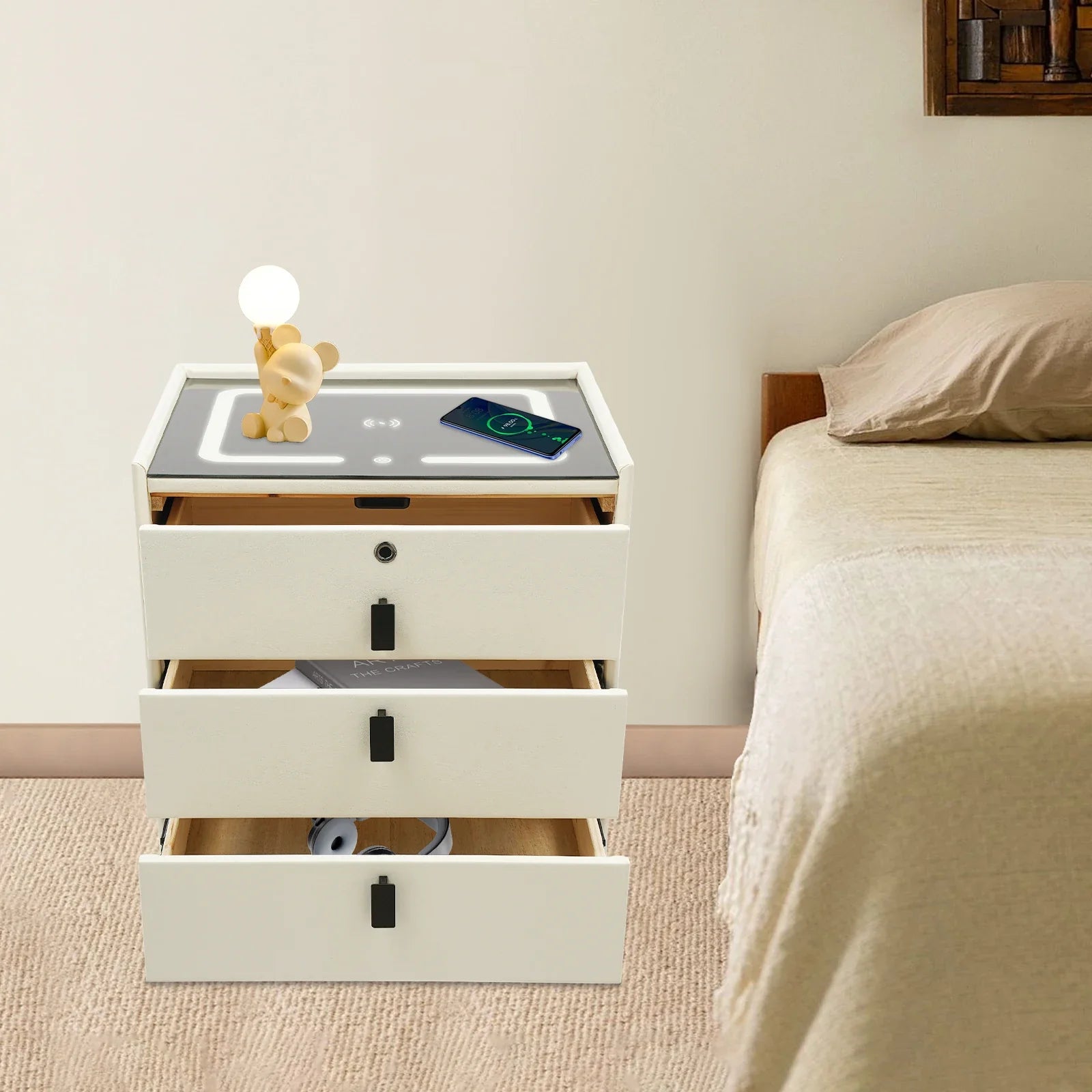 Elaron Smart Nightstand with LED Lighting & Fingerprint Lock | Wireless Charging Bedside Table with Bluetooth Speakers | Modern 3 Drawer Storage Cabinet