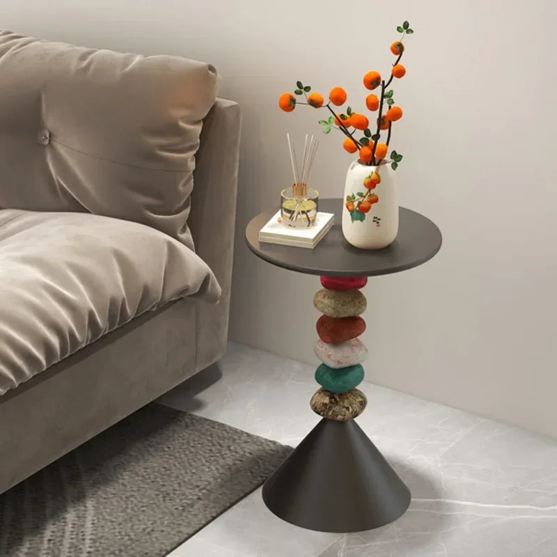 Marovien Colorful Stacked Stone Side Table | Round Accent Table with Storage and Wheels