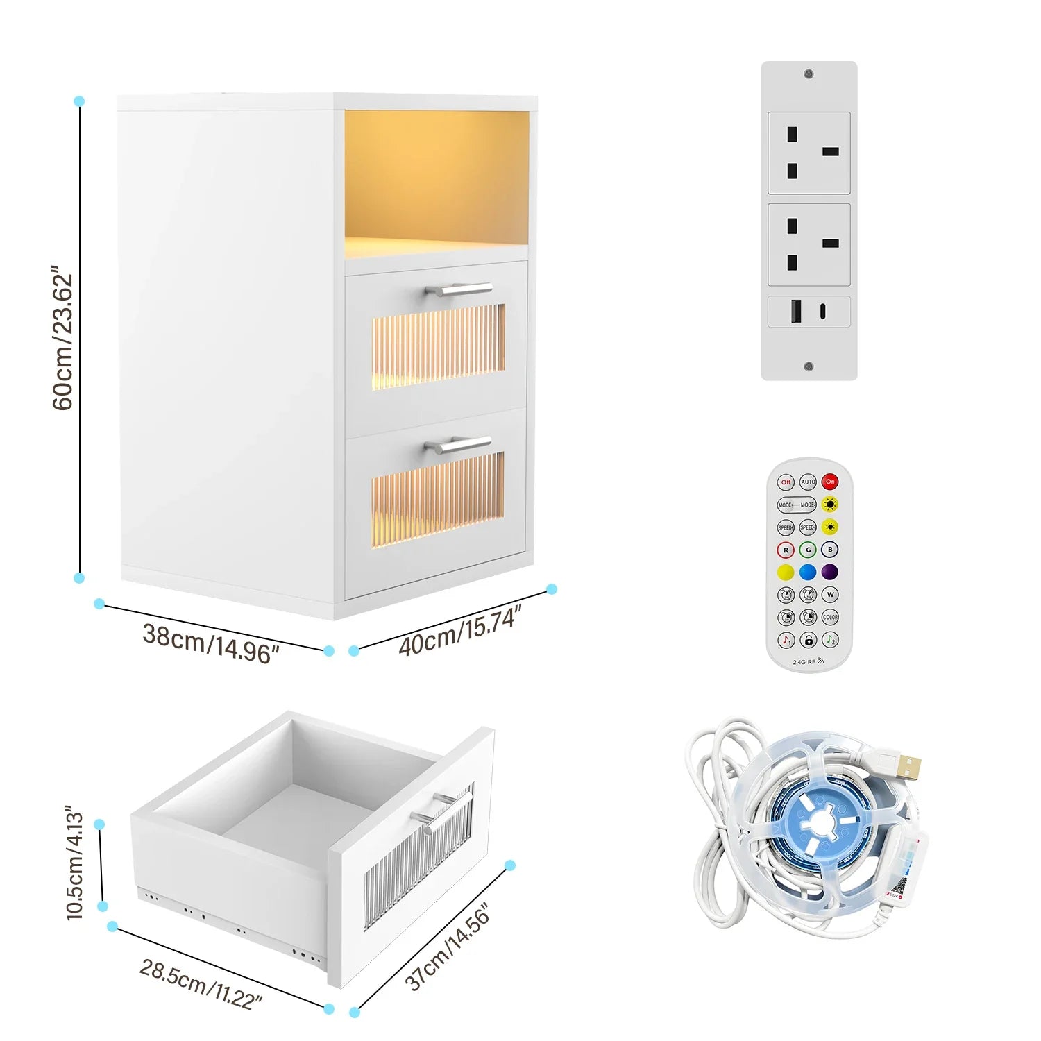 Noctura Nightstand with LED Lighting & Charging Station | 2 Drawer Bedside Table | Modern Black/White Storage Cabinet with USB & App Control