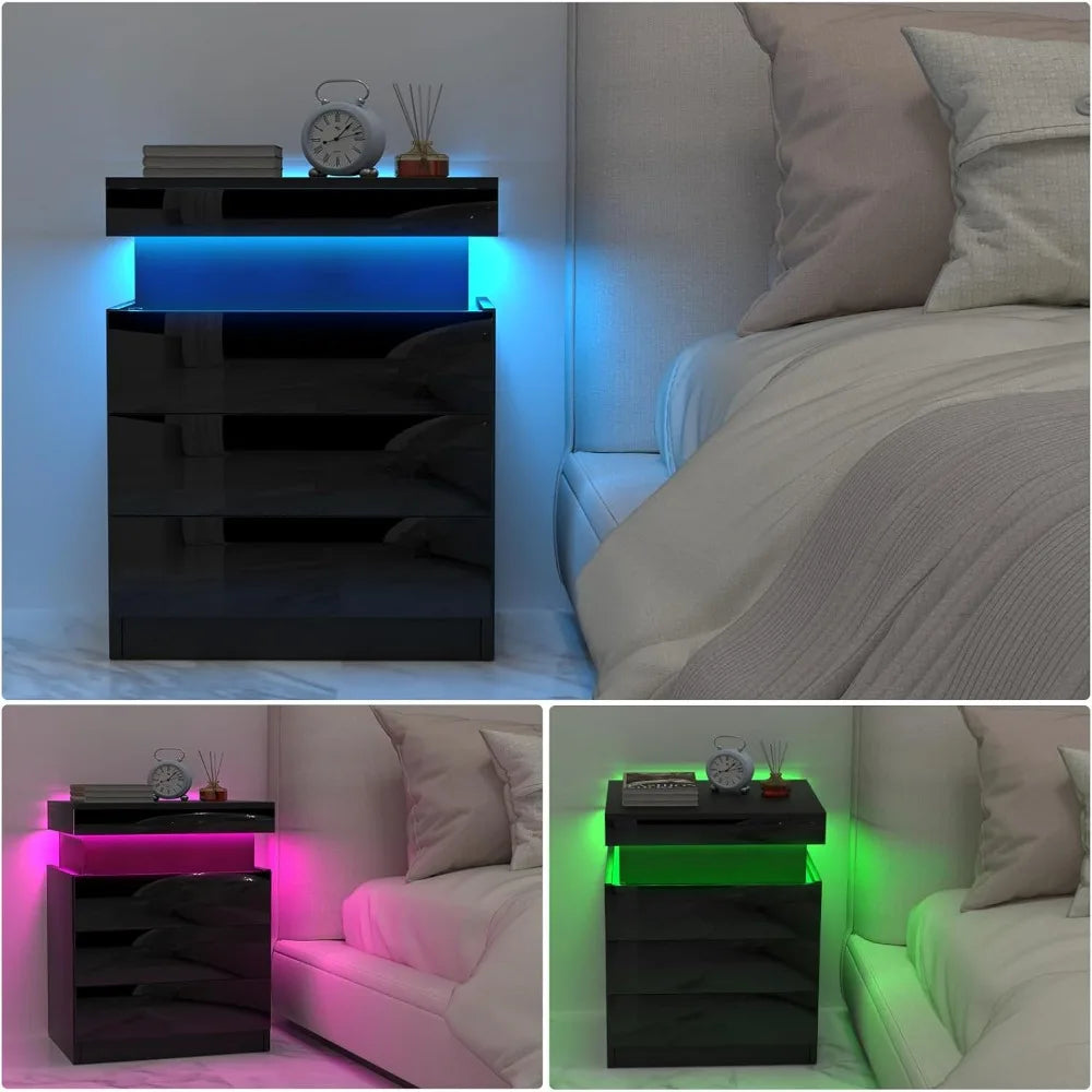 Noctelle Nightstand with Charging Station and Hidden Storage | Black Bedside Table with 3 Drawers and USB Ports