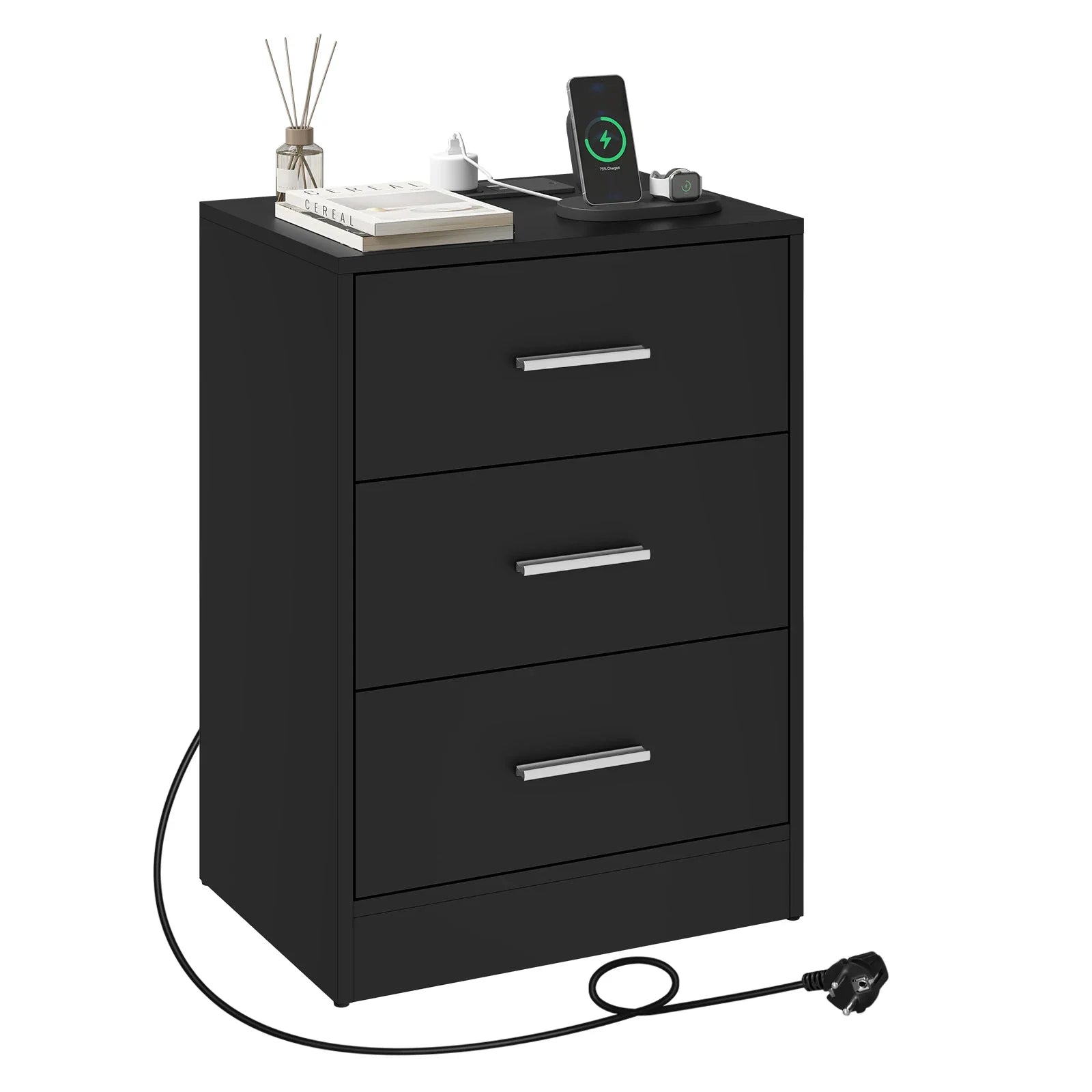 Tavira Modern Nightstand with 3 Drawers | Built-In Charging Port & Power Socket | Compact Bedside Table for Bedroom or Living Room