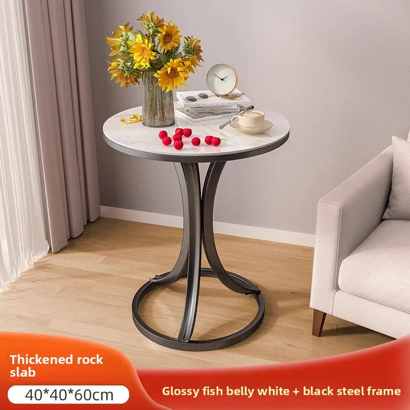 Side Table Cavero Round Rock Slab Marble Top | Modern Sofa & Bed Side Table | Metal Frame with Wheels, Mobile Design