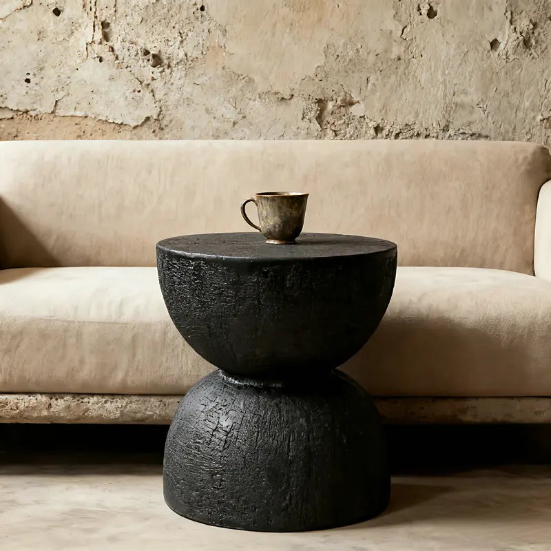Rovinio Black Round Coffee Table | Tree Trunk Look Hourglass Side Table | Modern Rustic Accent Table