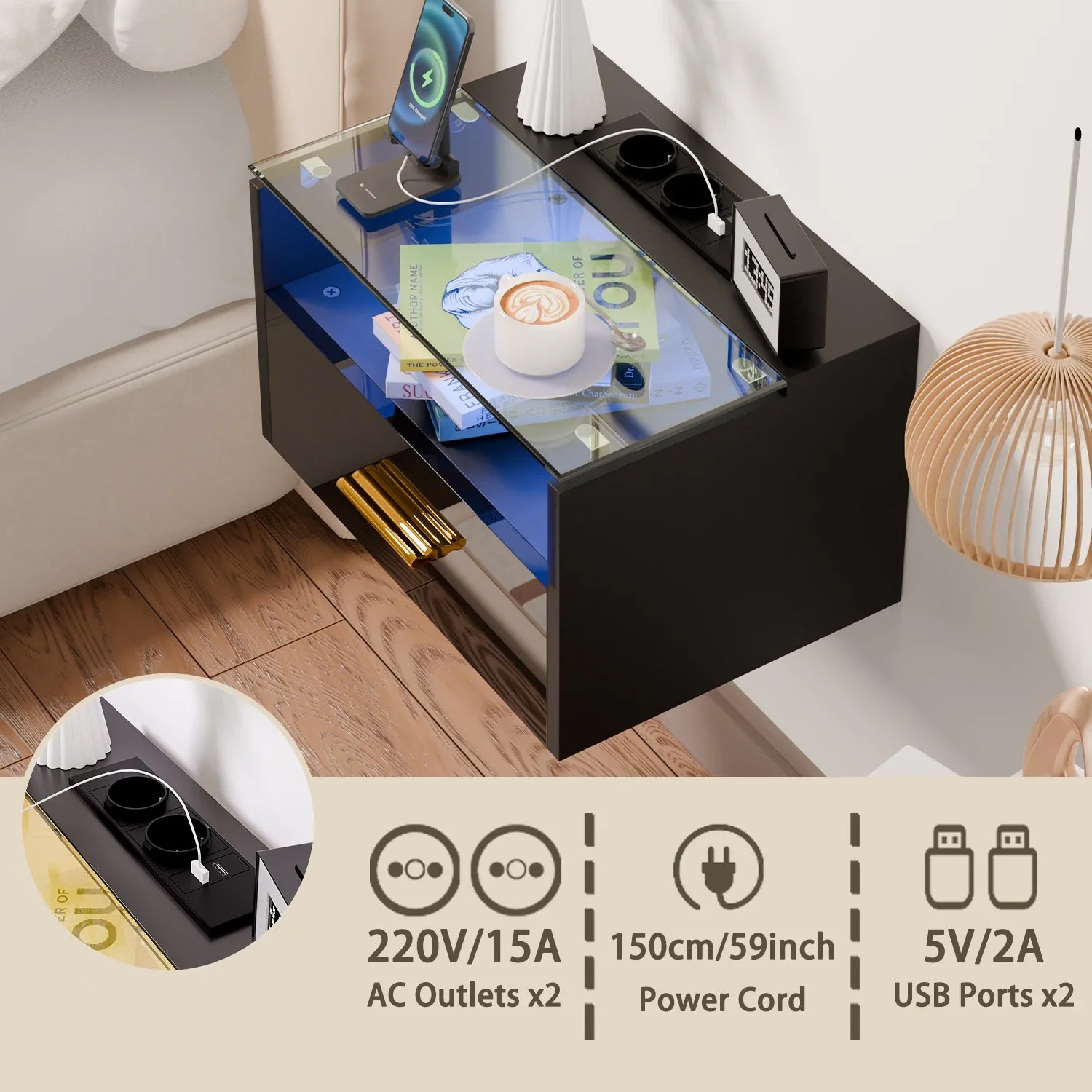 Norvane Wooden Nightstand with LED & Charging Station | Modern Bedside Table with Glass Top | USB & AC Power Outlet Storage Table