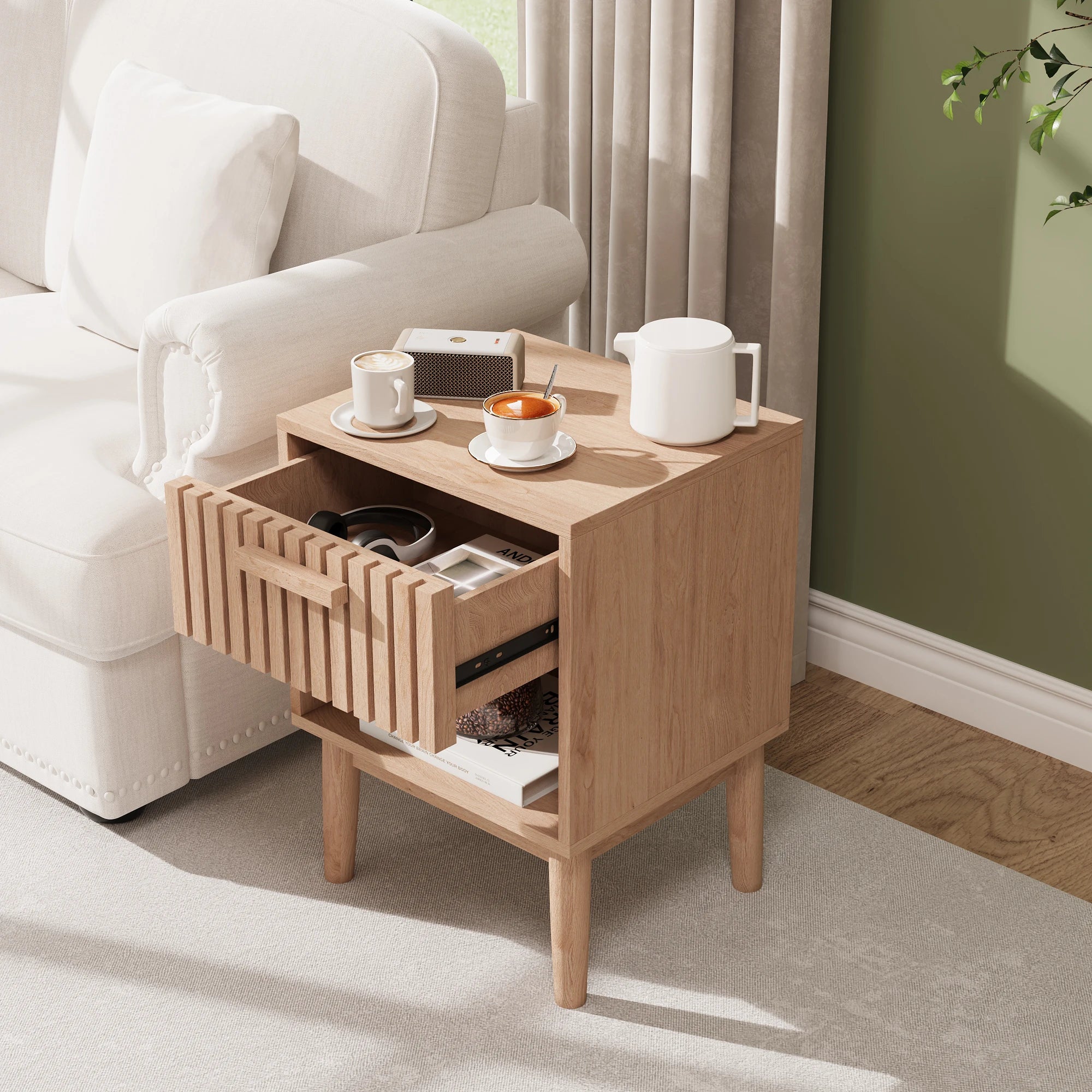 Virelio Nightstand Set of 2 with Drawer and Open Shelf | Modern Bedside Tables for Bedroom or Living Room | Stylish Compact Storage