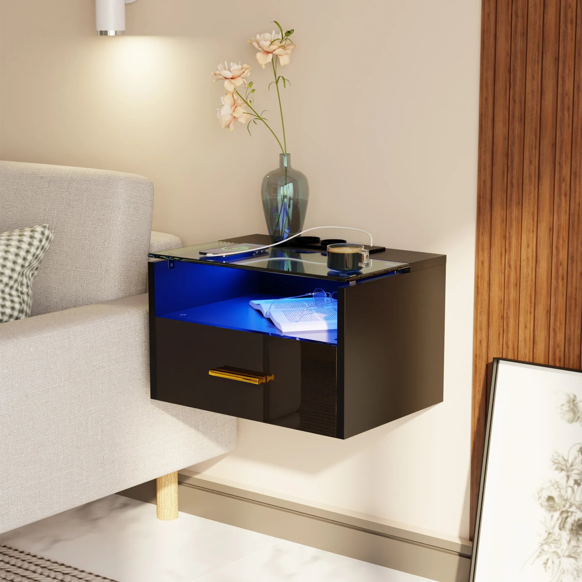 Norvane Wooden Nightstand with LED & Charging Station | Modern Bedside Table with Glass Top | USB & AC Power Outlet Storage Table