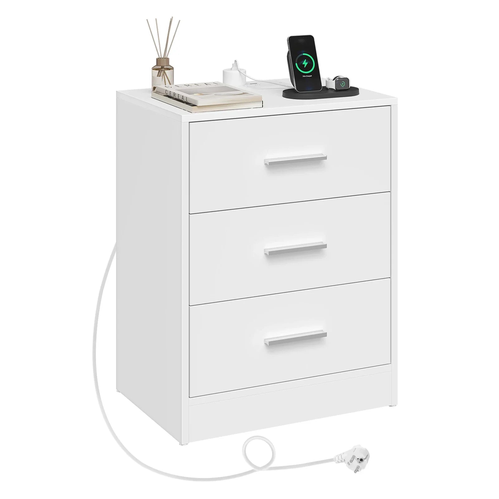 Tavira Modern Nightstand with 3 Drawers | Built-In Charging Port & Power Socket | Compact Bedside Table for Bedroom or Living Room