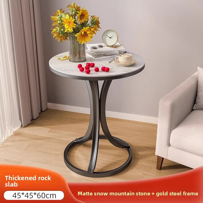 Side Table Cavero Round Rock Slab Marble Top | Modern Sofa & Bed Side Table | Metal Frame with Wheels, Mobile Design