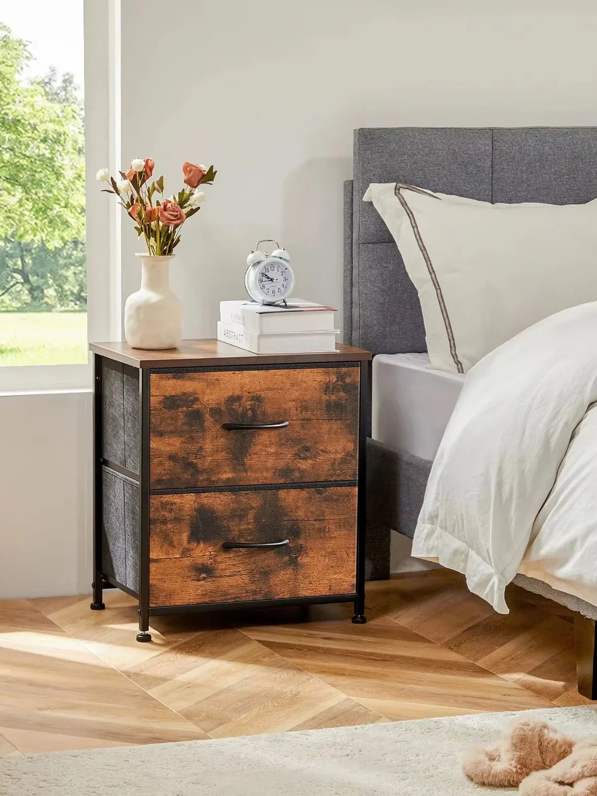 Elandra Nightstand Side Table with 2 Fabric Drawers | Compact Storage Bedside Table & Sofa Table | Lightweight Metal Frame, Modern Minimalist Design