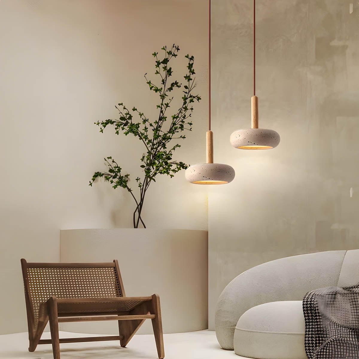 OSHO Stone Pendant Lamp Yellow Travertine Hanging Light | Natural Stone LED Pendant | Neutral & 3-Color Light | Indoor Ceiling Lighting