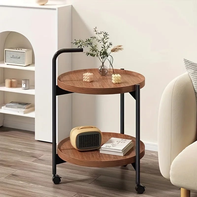 Floravelle Two-Tier Wooden Side Table on Wheels | Mobile Space-Saving Storage Coffee & Nightstand Table | Modern Natural Wood Design | Ø40 × H55 cm