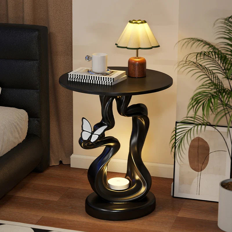 Florentian Butterfly Side Table with Lamp | French Antique Resin Accent Table with Storage