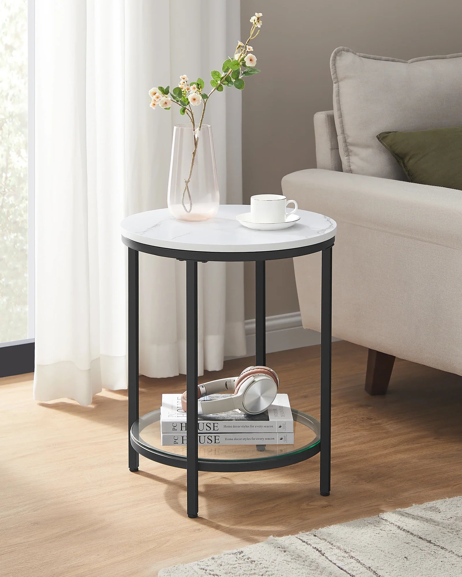 Aurephine Two-Tier Glass Side Table | Marble-Look Modern Accent Table with Steel Frame | Minimalist Coffee & Nightstand Table | Ø45 × H44 cm