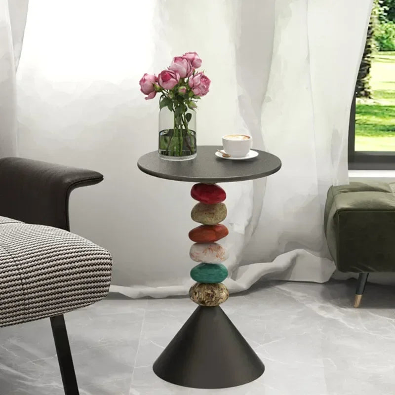 Marovien Colorful Stacked Stone Side Table | Round Accent Table with Storage and Wheels