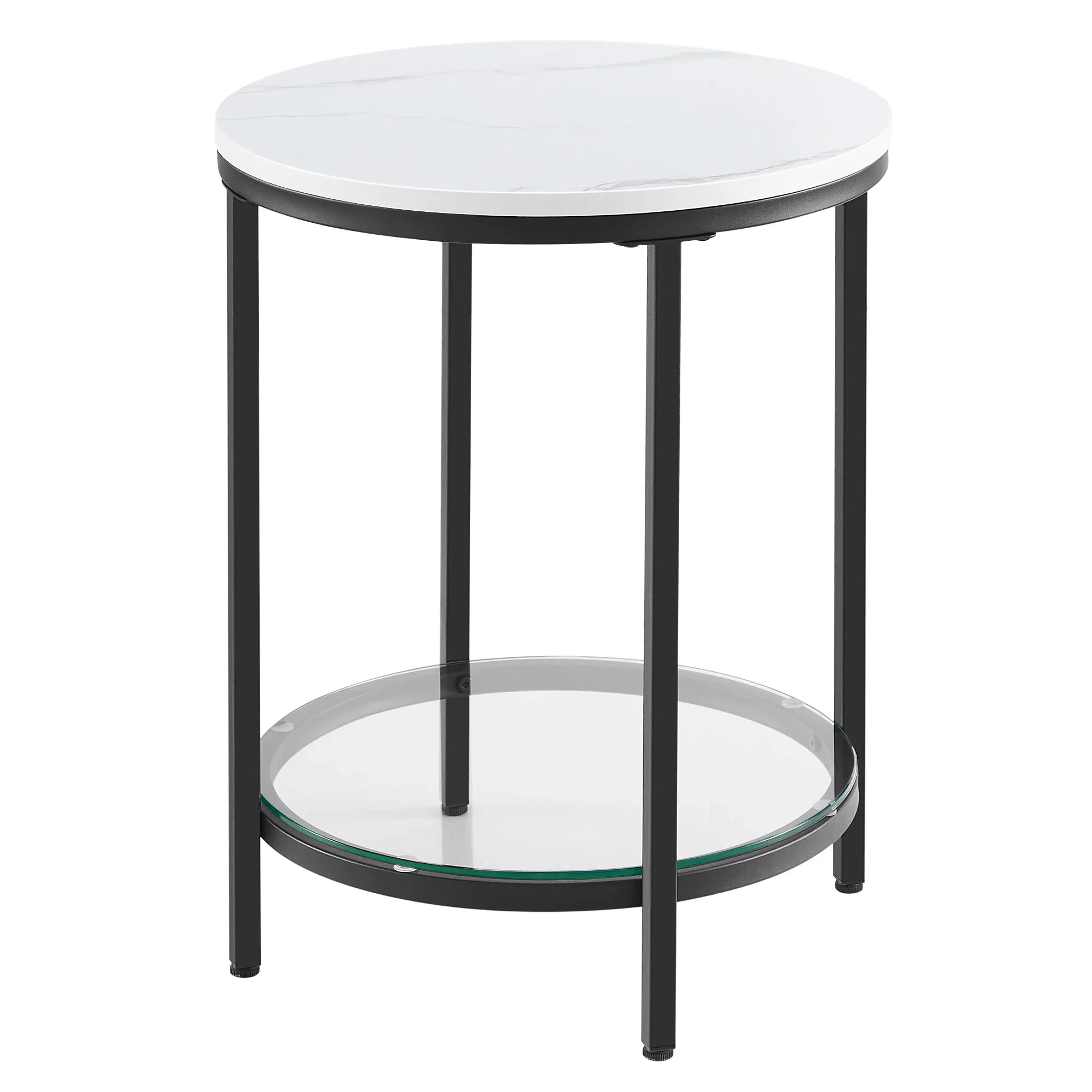 Aurephine Two-Tier Glass Side Table | Marble-Look Modern Accent Table with Steel Frame | Minimalist Coffee & Nightstand Table | Ø45 × H44 cm