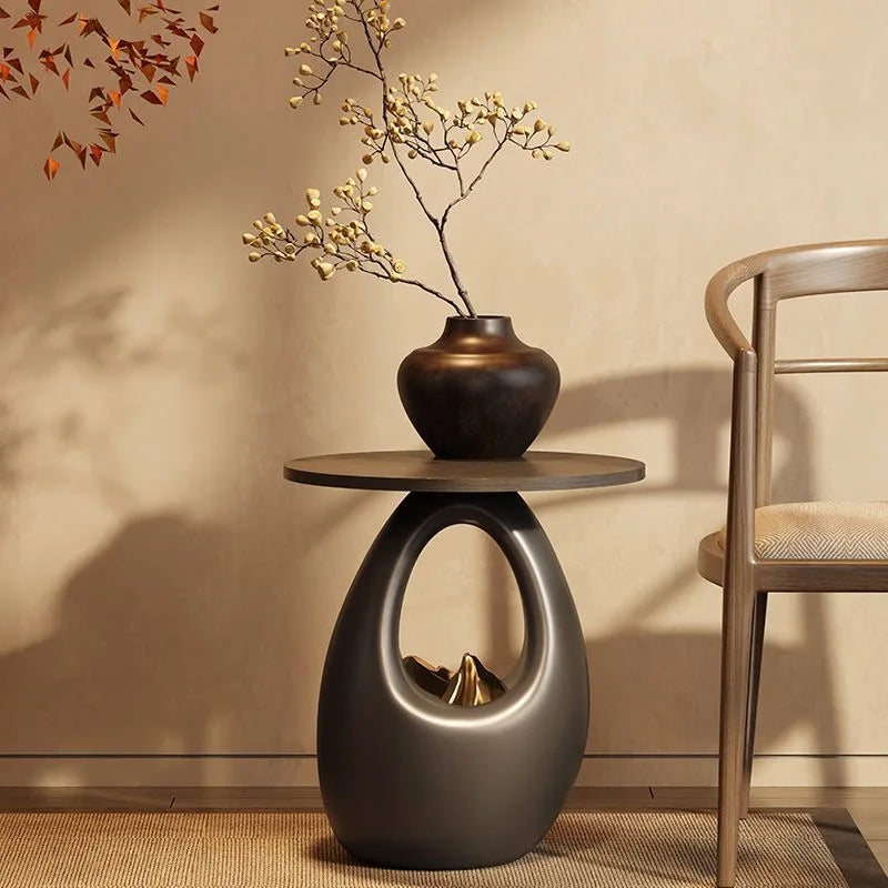 Fiorenza Round Side Table | Feng Shui Stone-Look Decorative Coffee & Tea Table | Modern Minimalist Accent Table for Living Room & Balcony | Wood & Resin Design