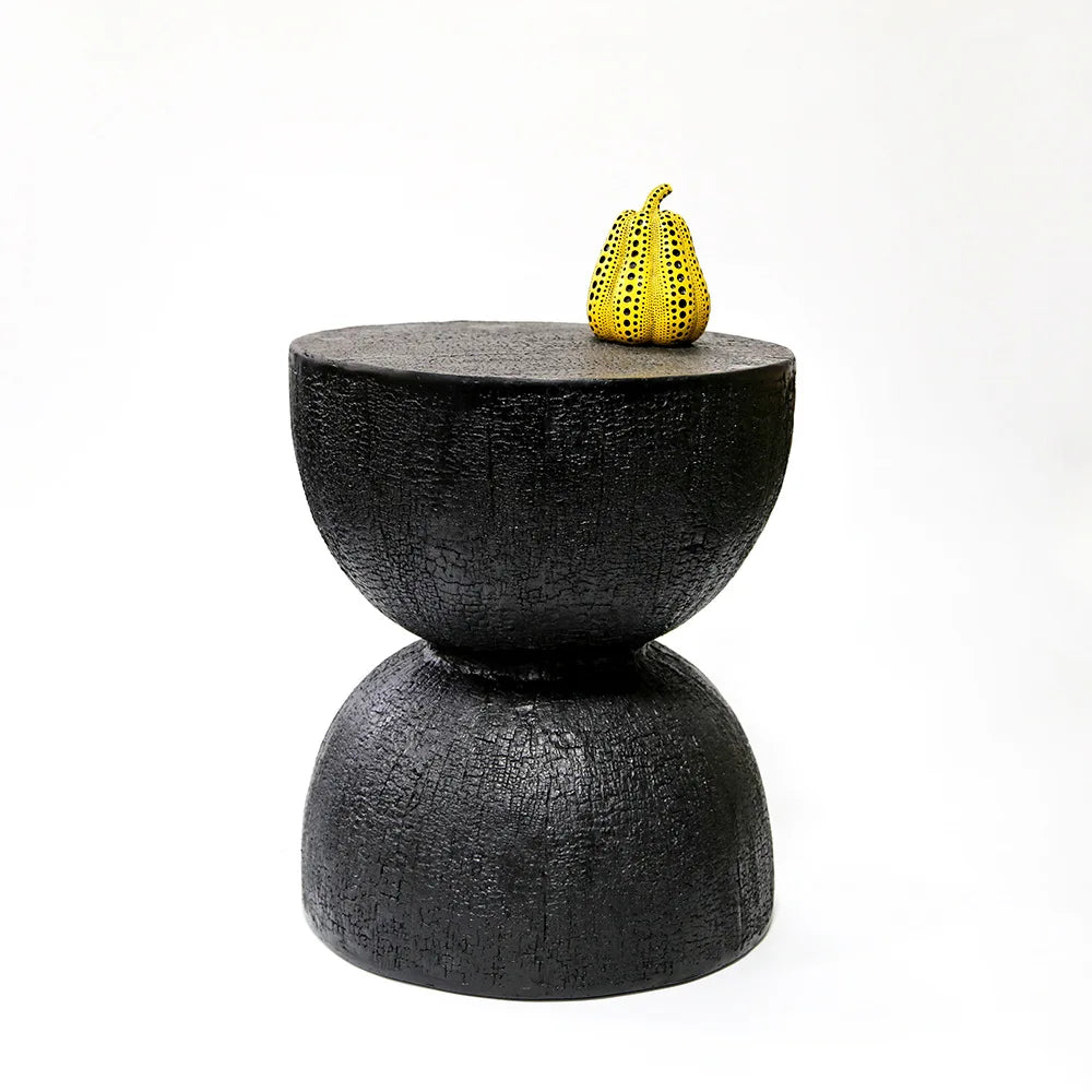 Rovinio Black Round Coffee Table | Tree Trunk Look Hourglass Side Table | Modern Rustic Accent Table