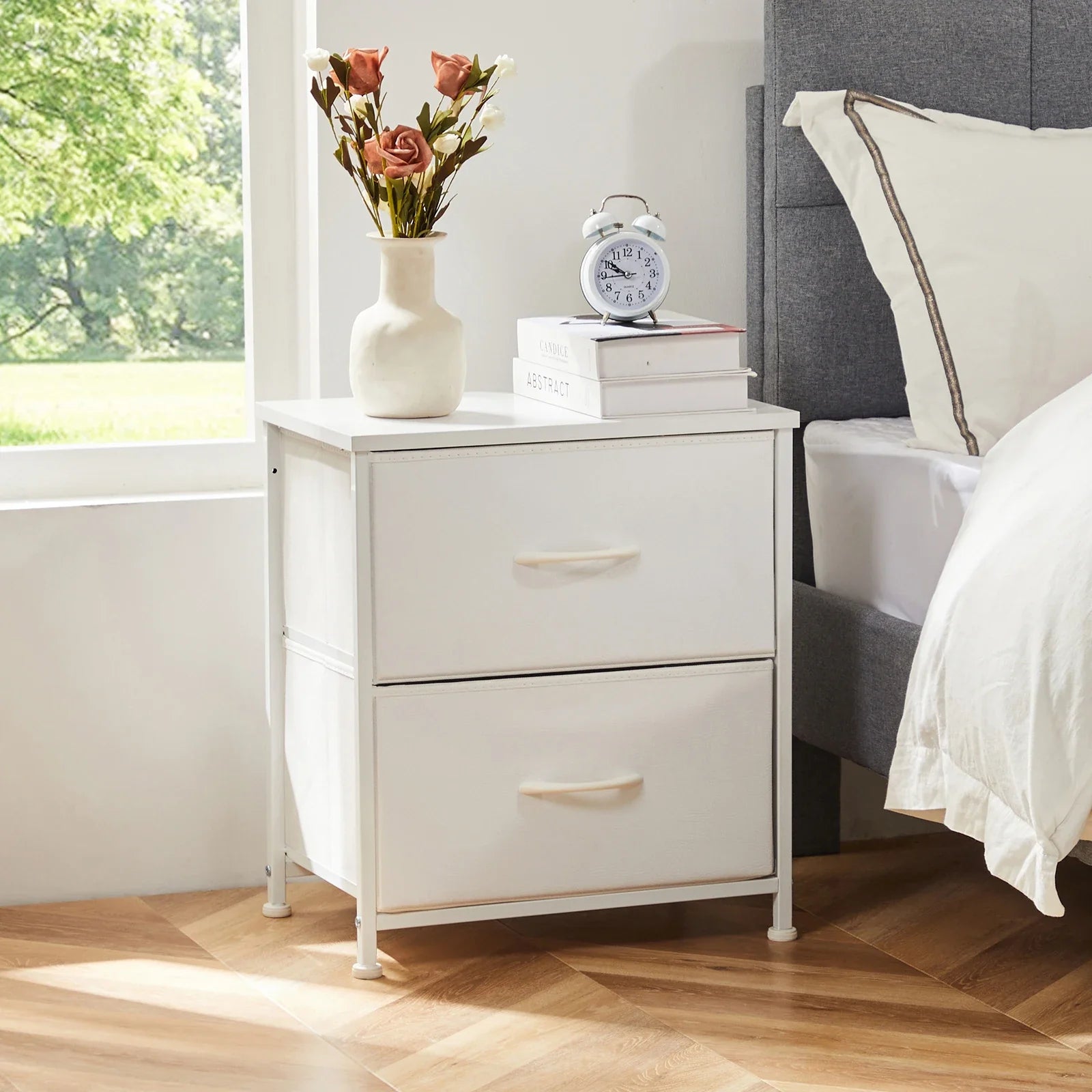 Elandra Nightstand Side Table with 2 Fabric Drawers | Compact Storage Bedside Table & Sofa Table | Lightweight Metal Frame, Modern Minimalist Design