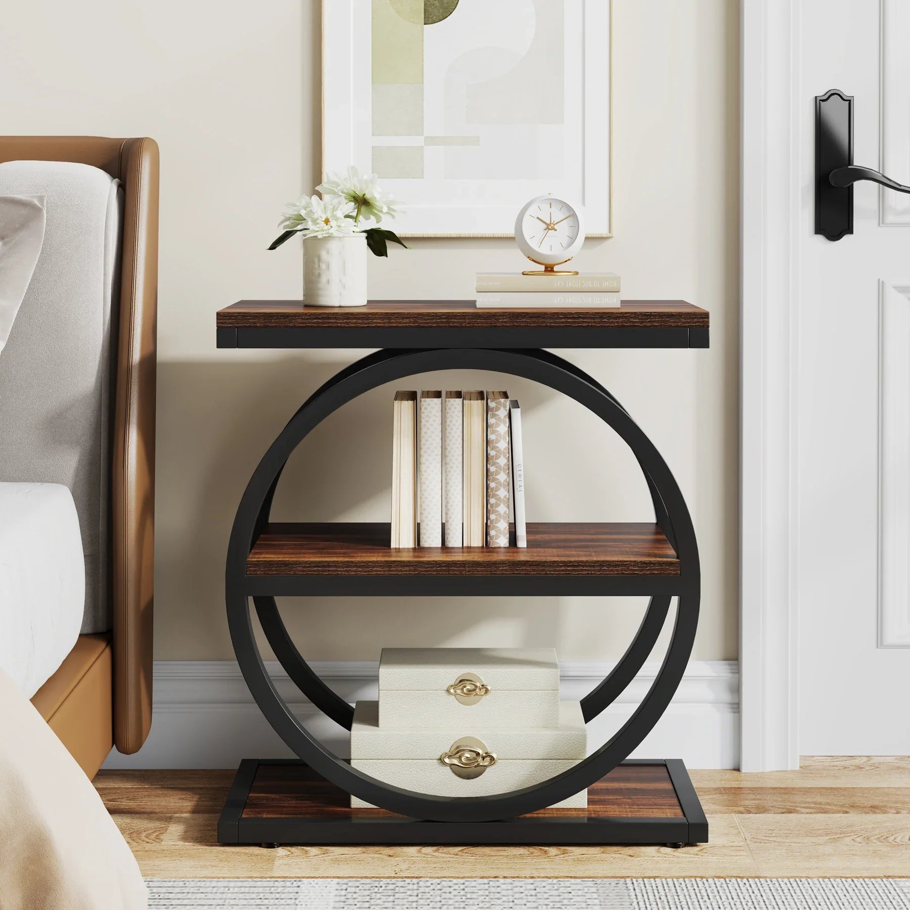 Isyvelra Industrial Narrow Side Table | 3-Tier Wooden Storage Shelf Table | Slim Space-Saving Nightstand & Sofa Table | Wood & Metal Design | 30 × 60 × 65 cm