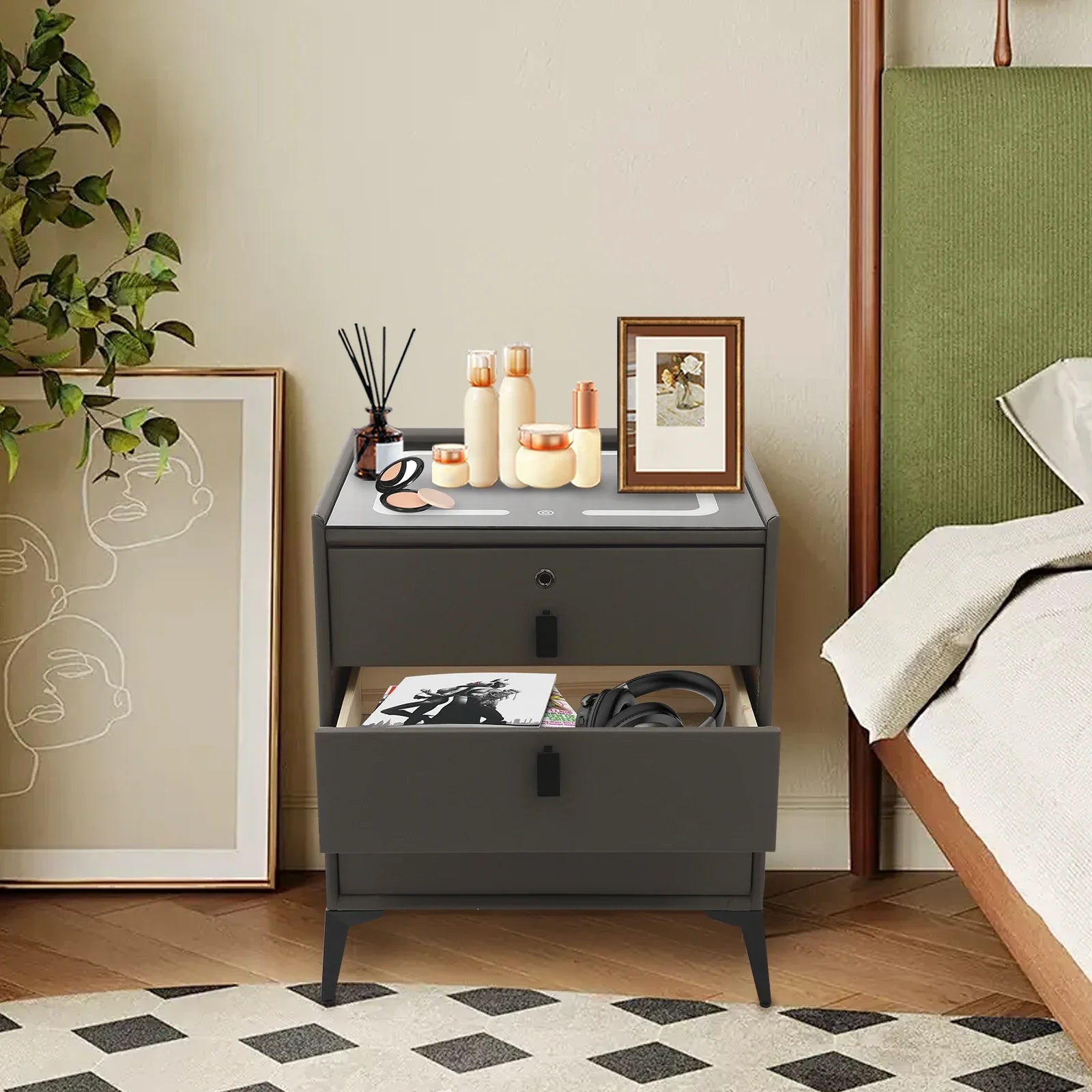 Elvanno Nightstand with Wireless Charger & 3 Drawers | Modern Bedside Table with Smart Charging | Minimalist Storage Cabinet for Bedroom