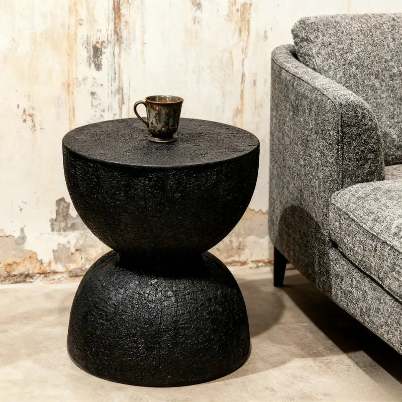 Rovinio Black Round Coffee Table | Tree Trunk Look Hourglass Side Table | Modern Rustic Accent Table