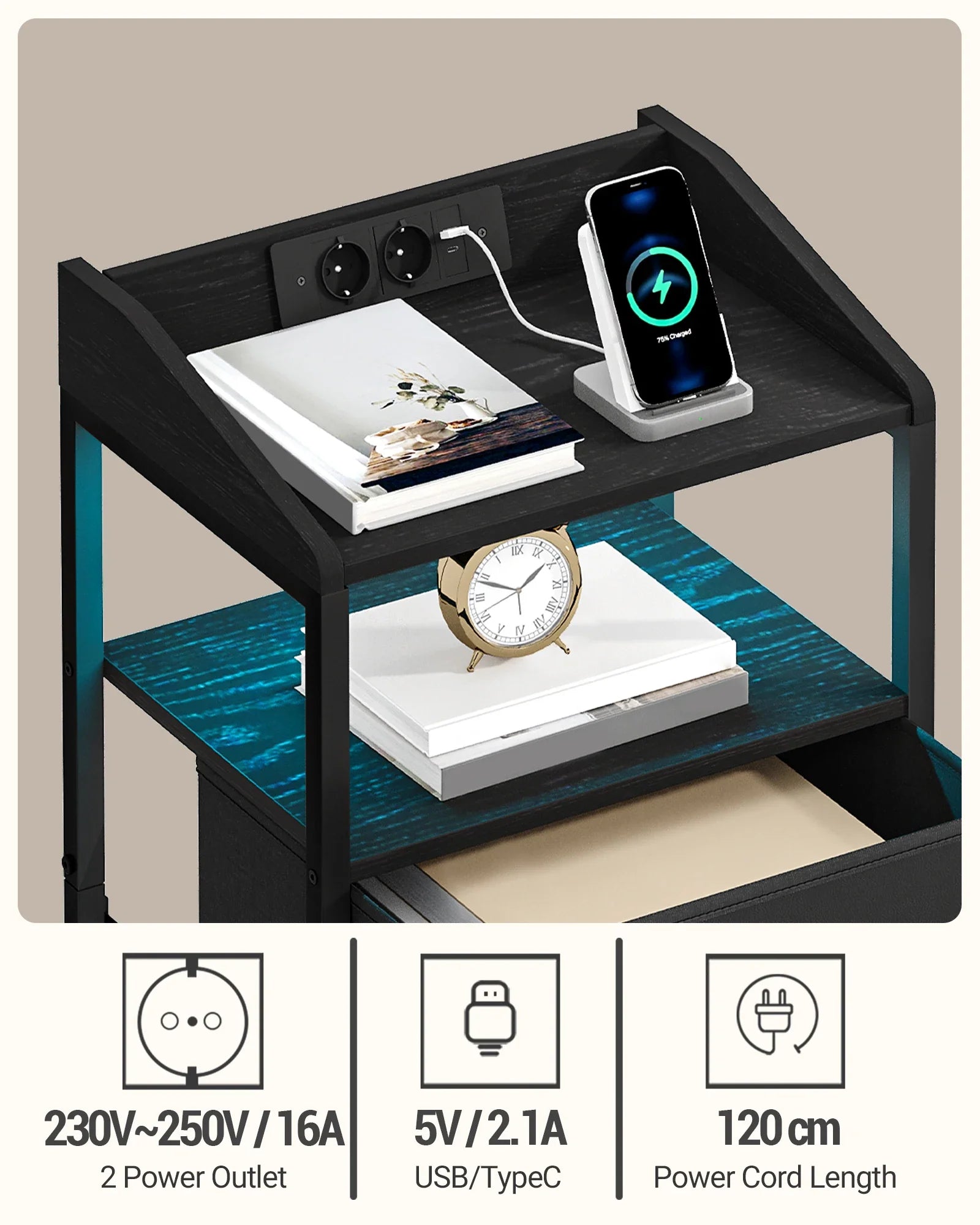 Lunova Nightstand Set of 2 with LED Lighting & Charging Station | Modern Bedside Tables with USB & Power Outlet | White/Black Storage Cabinets