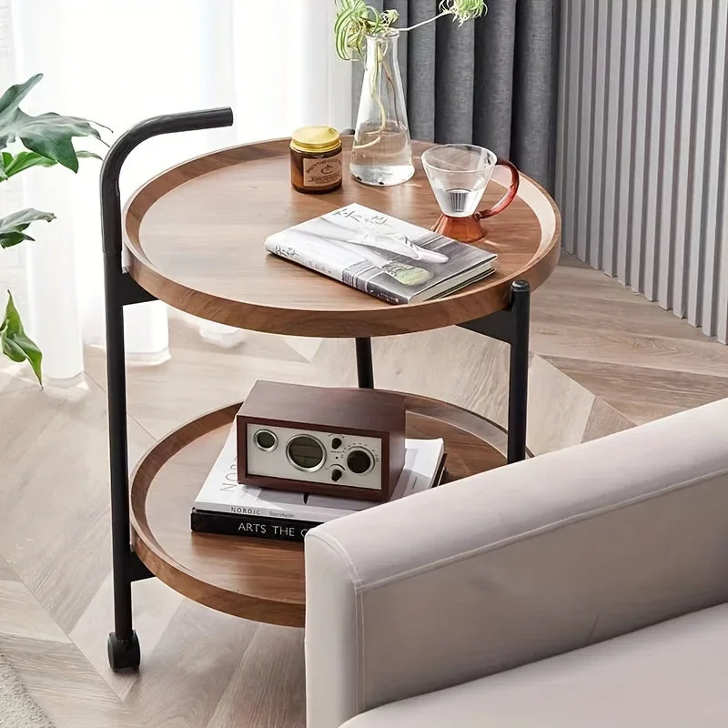 Floravelle Two-Tier Wooden Side Table on Wheels | Mobile Space-Saving Storage Coffee & Nightstand Table | Modern Natural Wood Design | Ø40 × H55 cm