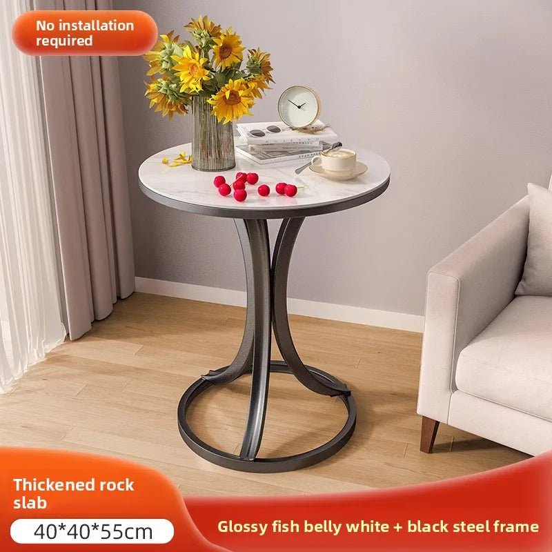 Side Table Cavero Round Rock Slab Marble Top | Modern Sofa & Bed Side Table | Metal Frame with Wheels, Mobile Design
