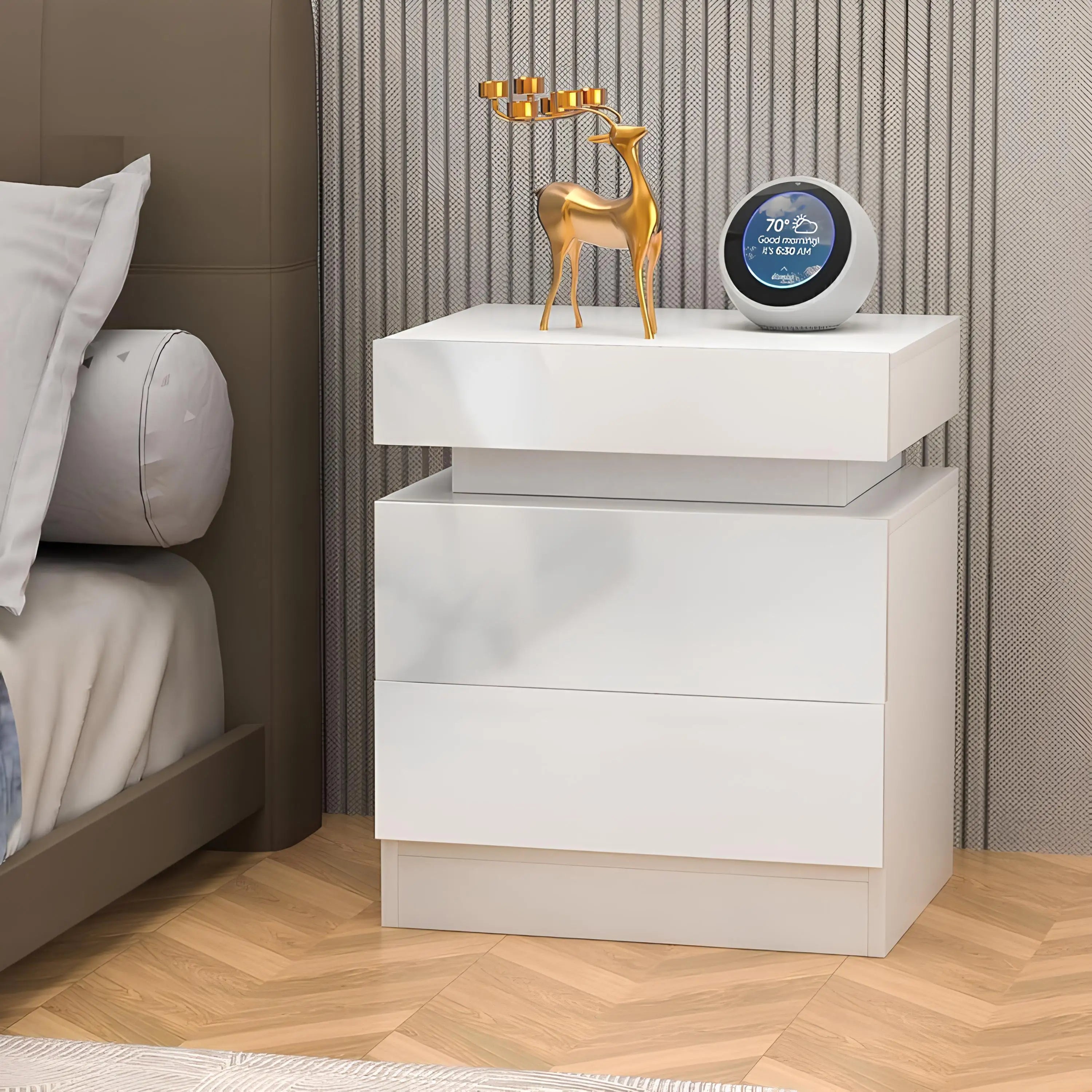Lumora White High Gloss Nightstand with RGB LED Lighting | Modern Bedside Table with 2 Drawers | LED Side Table with Storage