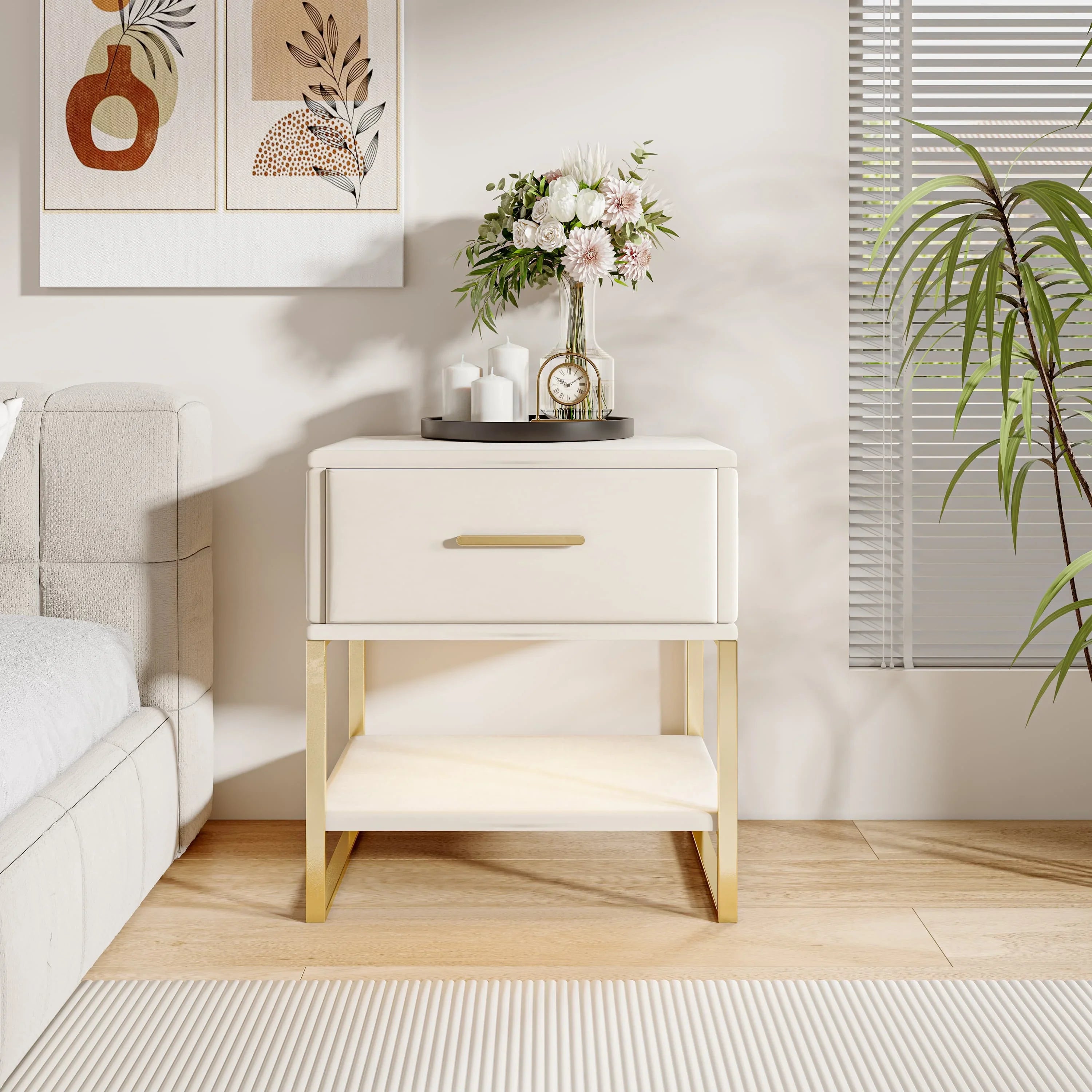 Solvia Nightstand Set of 2 with Drawer & Open Shelf | Modern Bedside Tables | Minimalist Storage Side Tables | Bedroom & Living Room Furniture