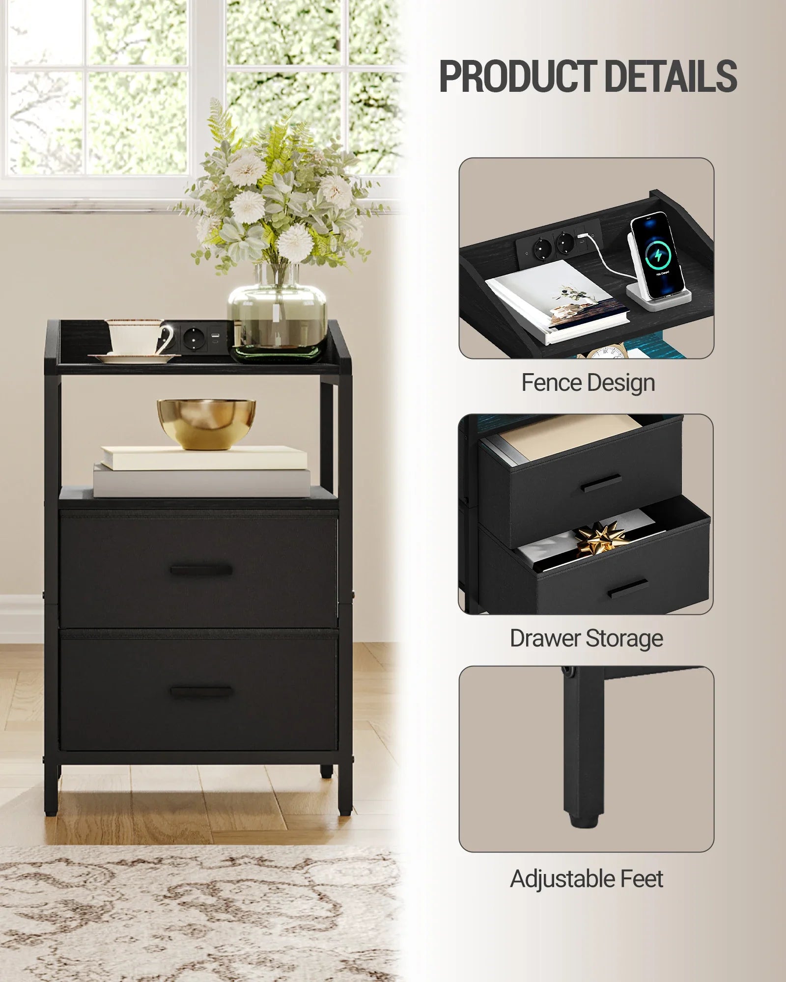 Lunova Nightstand Set of 2 with LED Lighting & Charging Station | Modern Bedside Tables with USB & Power Outlet | White/Black Storage Cabinets