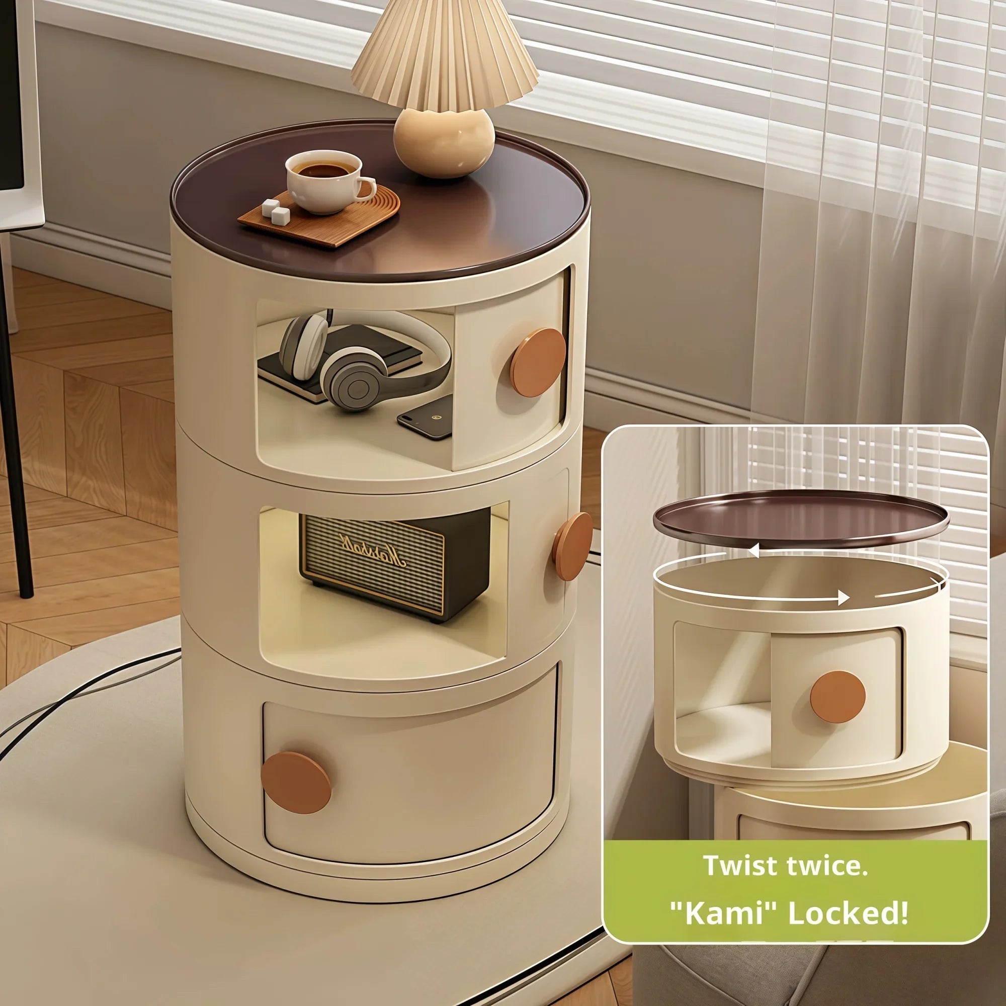 Nordivo Round Nightstand with Drawers | Scandinavian Style Bedside Table | Lightweight Space-Saving Side Table | Modern Compact Storage Cabinet