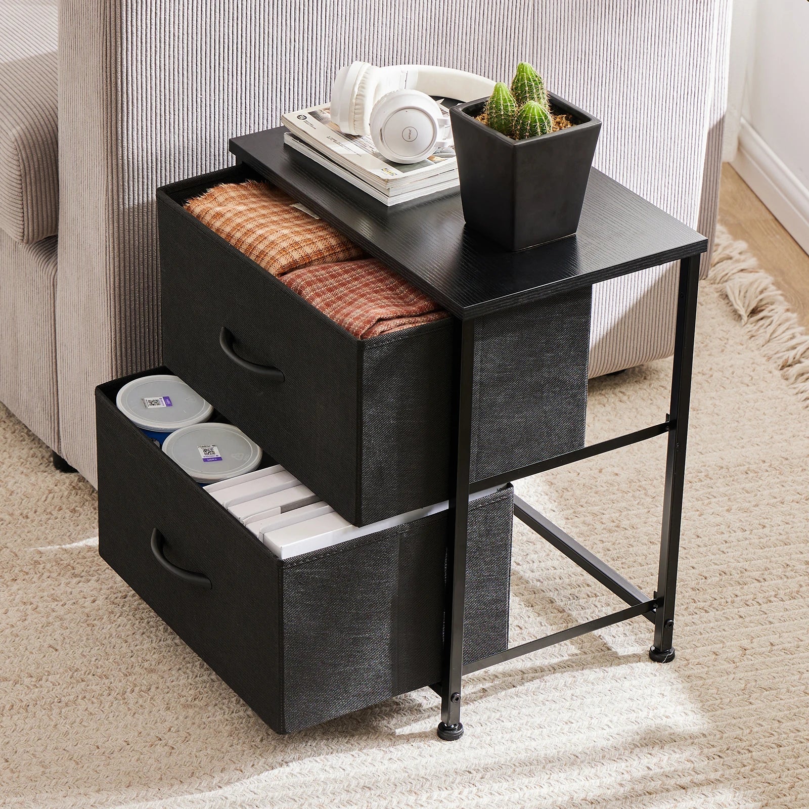 Elandra Nightstand Side Table with 2 Fabric Drawers | Compact Storage Bedside Table & Sofa Table | Lightweight Metal Frame, Modern Minimalist Design