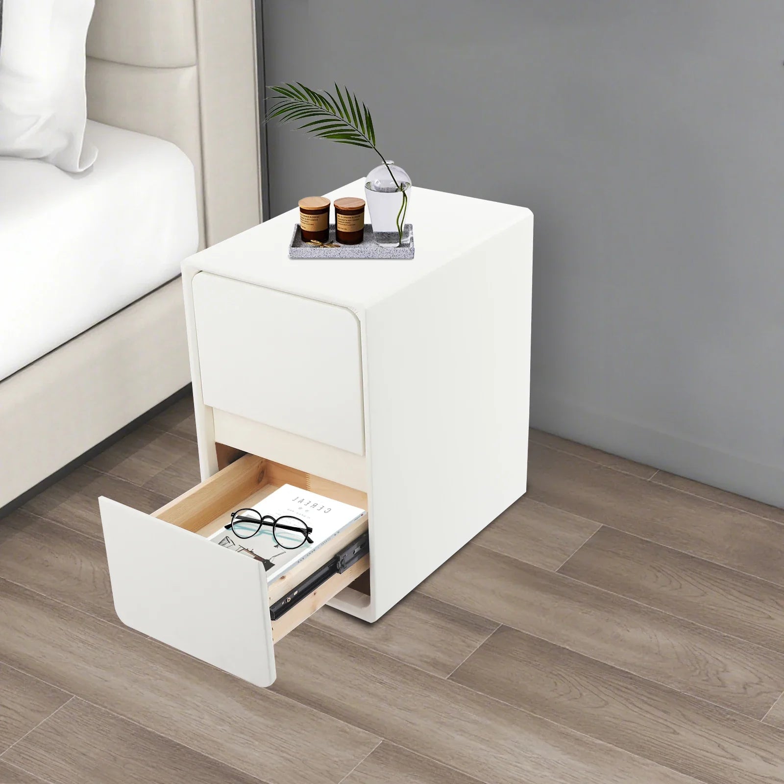 Selvano Small Nightstand with 2 Drawers | Slim Modern Bedside Table | Space-Saving Storage Cabinet | White Minimalist Design