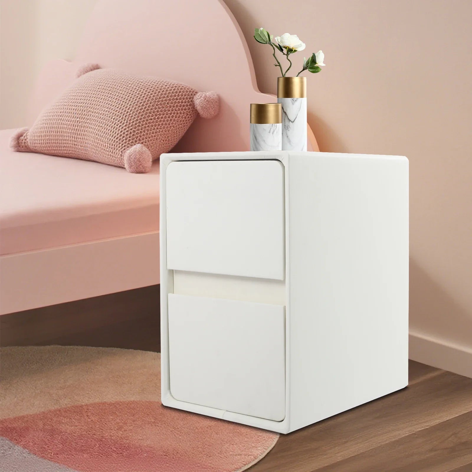 Selvano Small Nightstand with 2 Drawers | Slim Modern Bedside Table | Space-Saving Storage Cabinet | White Minimalist Design