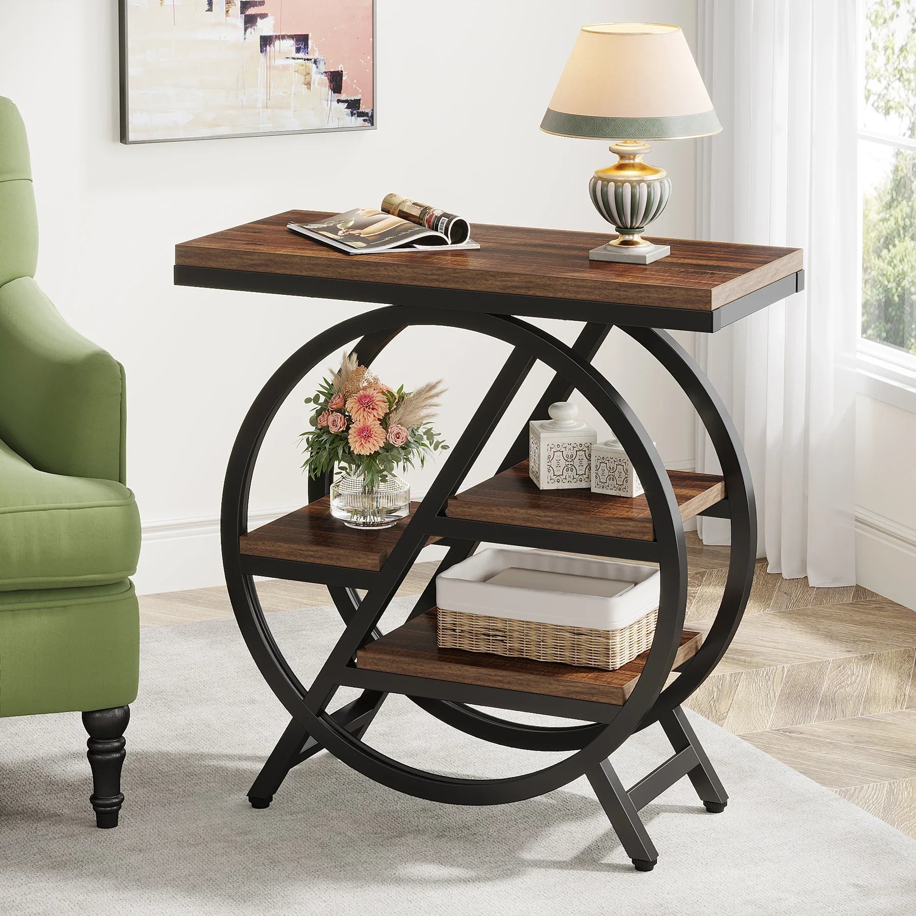 Isyvelra Industrial Narrow Side Table | 3-Tier Wooden Storage Shelf Table | Slim Space-Saving Nightstand & Sofa Table | Wood & Metal Design | 30 × 60 × 65 cm